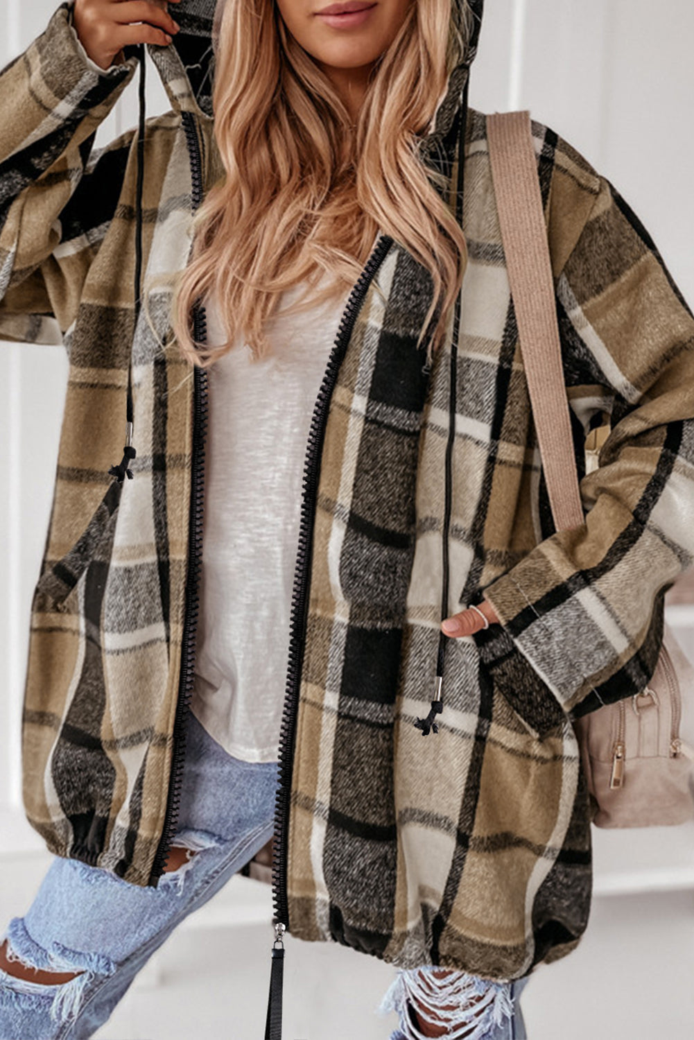 Brown Checkered Drawstring Hooded Zip Up Shacket - Bellisima Clothing Collective