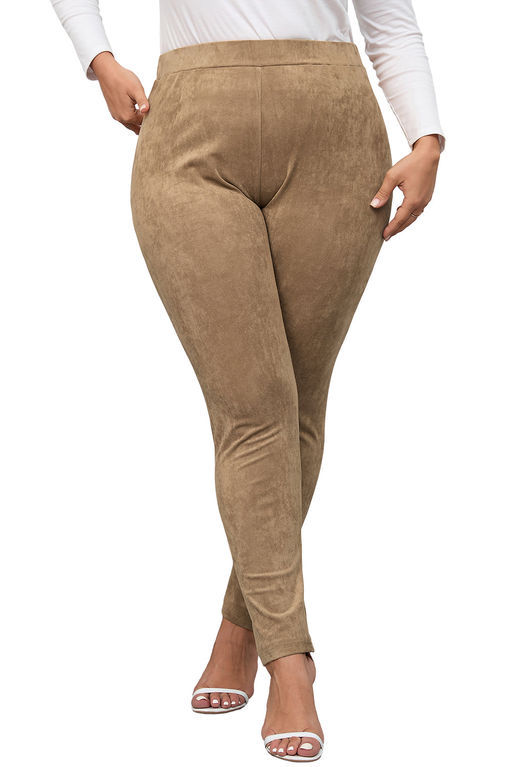 Camel Plus Size High Rise Faux Suede Skinny Pants - Bellisima Clothing Collective