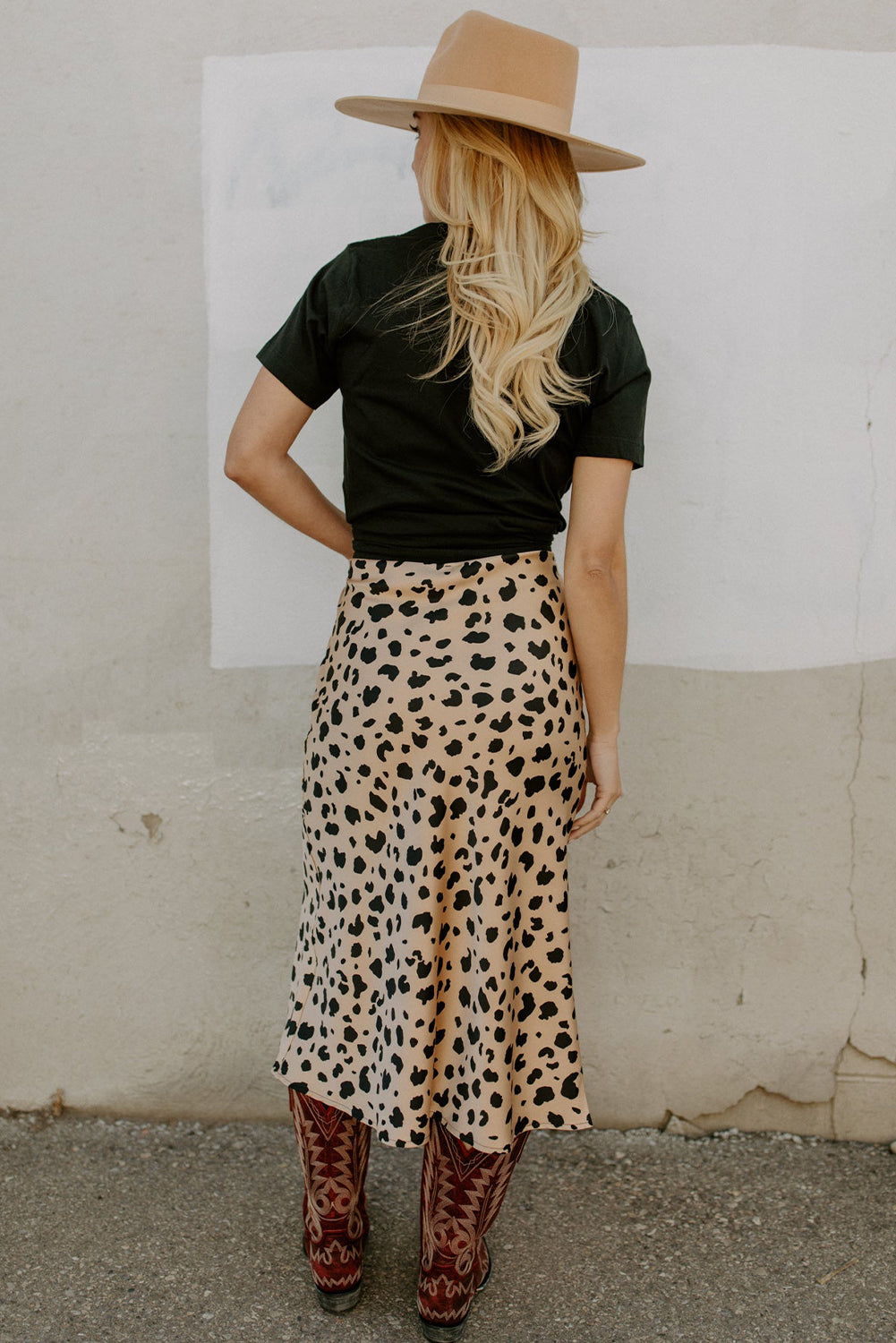 Beige Leopard Spots Print Side Split Midi Skirt