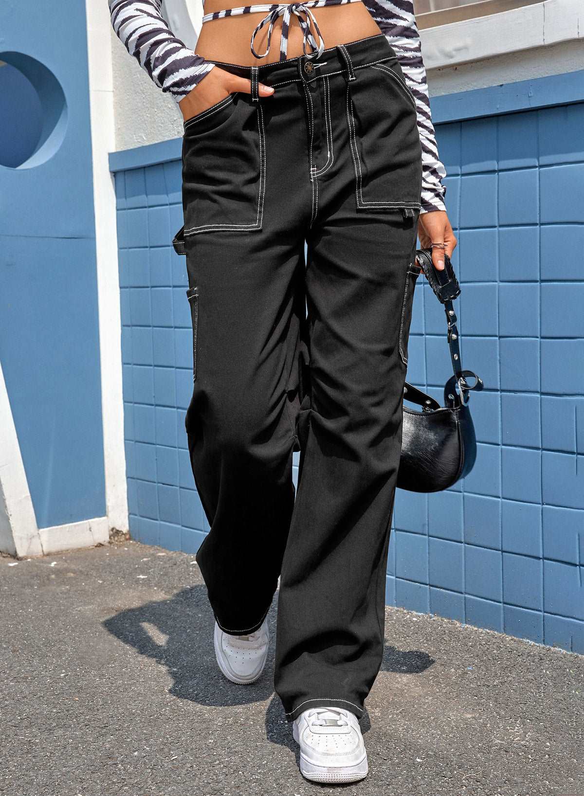 Black Denim Straight Leg High Waisted Cargo Pants - Bellisima Clothing Collective