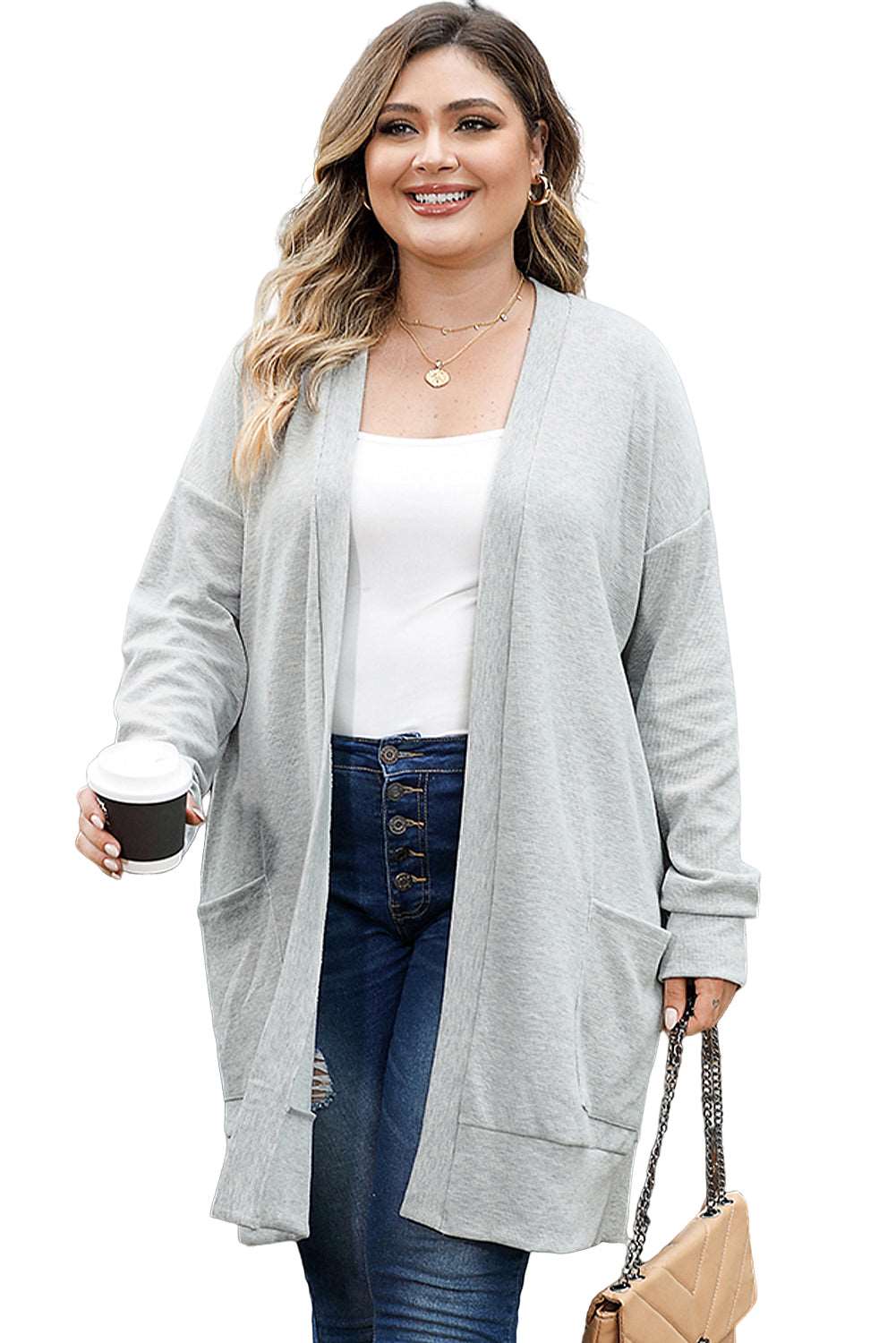 Beige Thermal Knit Pocketed Plus Size Cardigan - Bellisima Clothing Collective