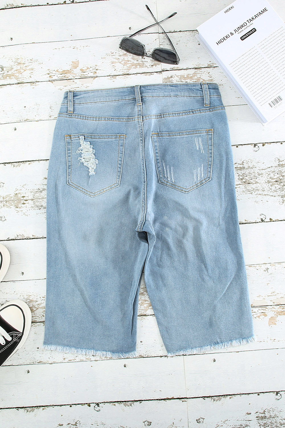 Light Blue Distressed Ripped Denim Bermuda Shorts - Bellisima Clothing Collective