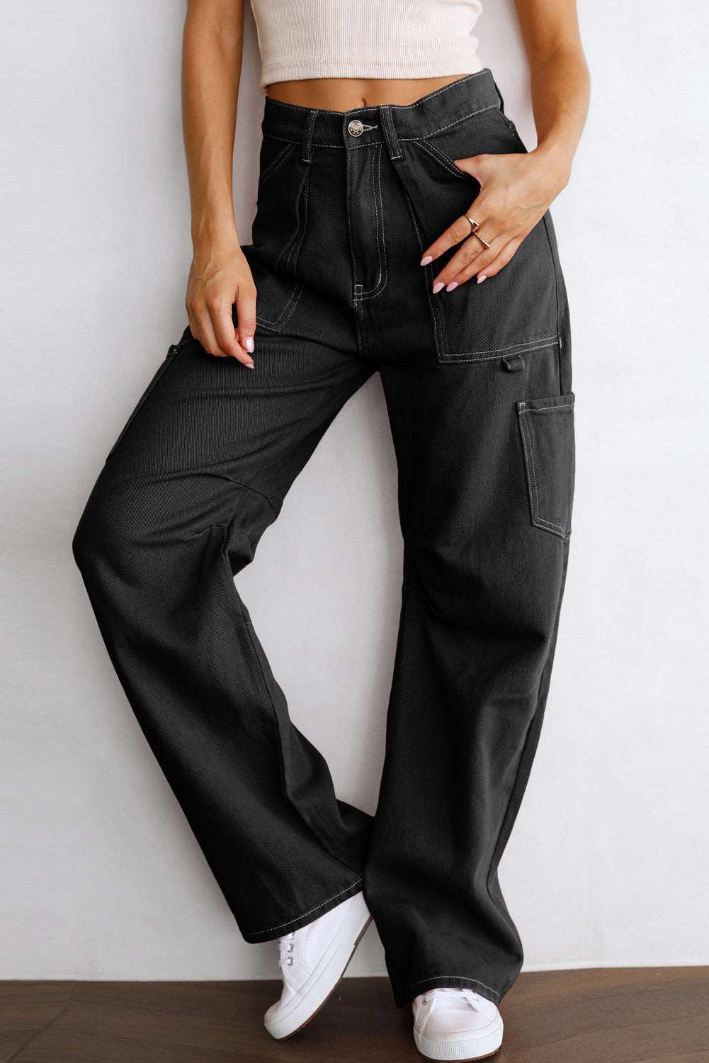 Black Denim Straight Leg High Waisted Cargo Pants - Bellisima Clothing Collective