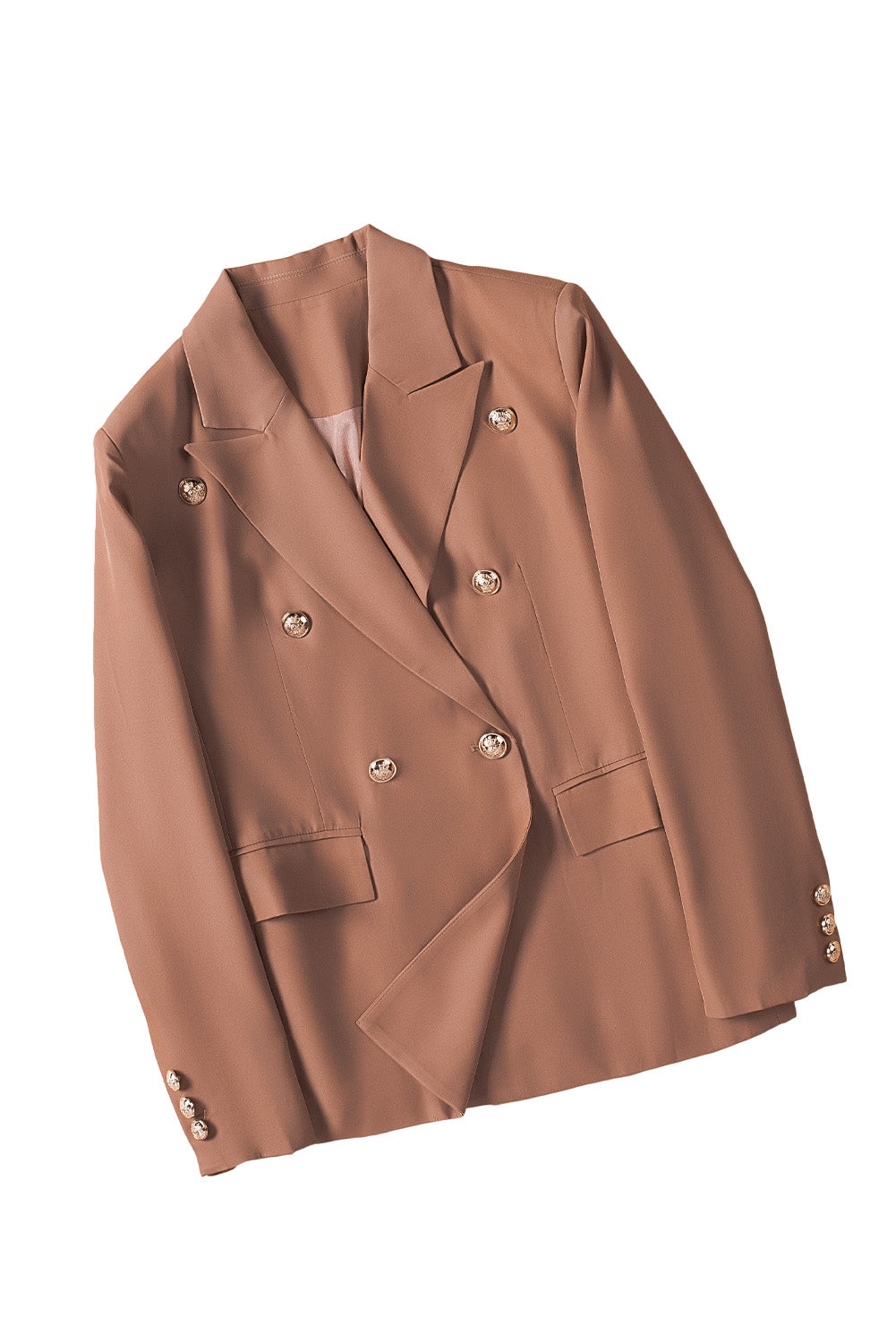 Double Breasted Lapel Neck Flap Pocket Casual Brown Blazer for Women - Bellisima Clothing Collective