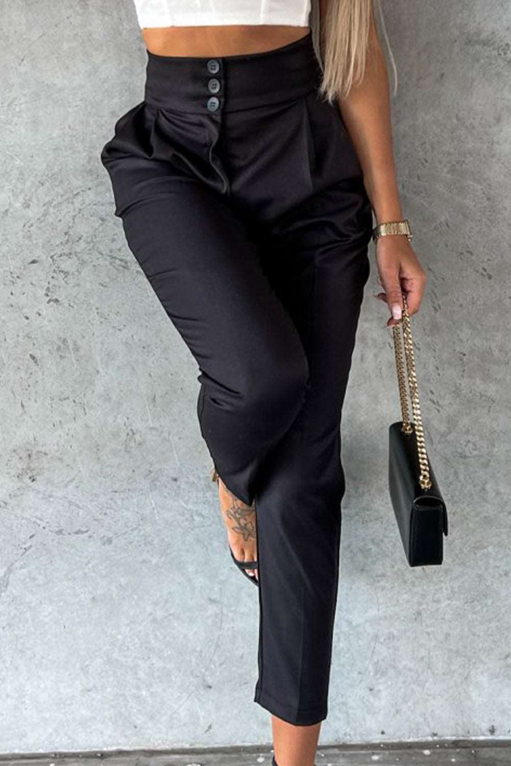 Black Button High Waist Tapered Pants - Bellisima Clothing Collective