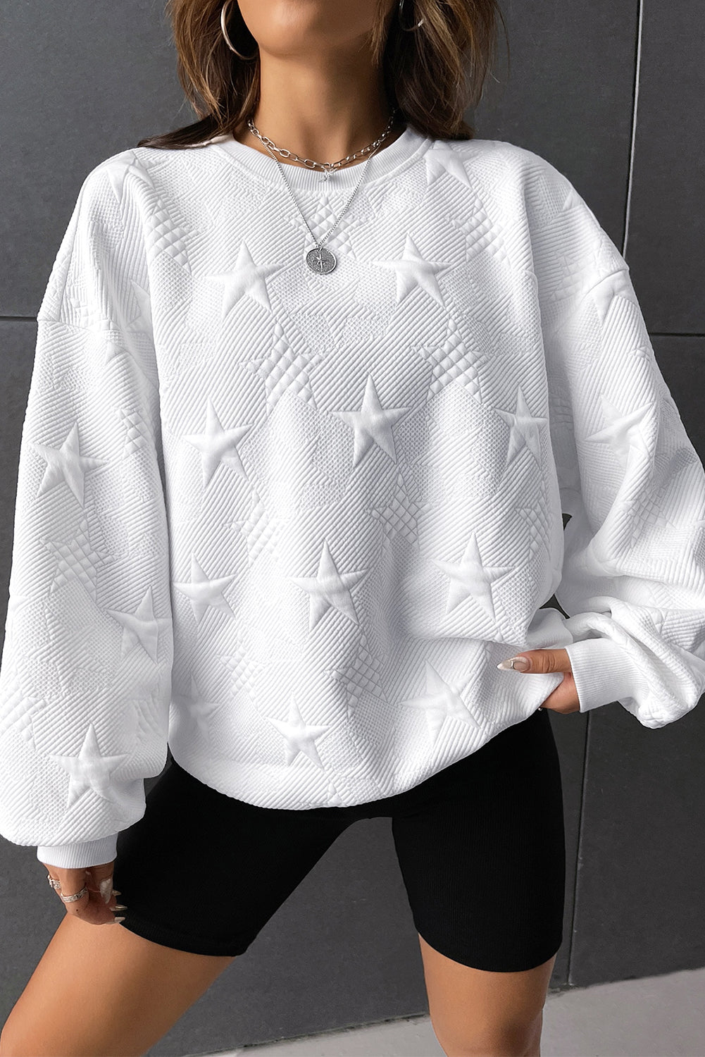 Black Star Embossed Textured Drop Shoulder Sweatshirt - Bellisima Clothing Collective