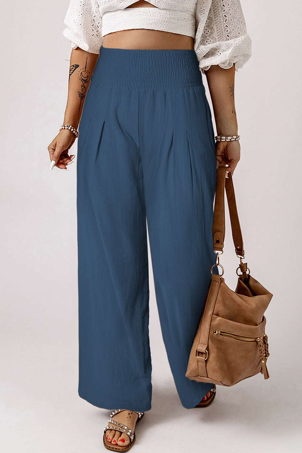 Khaki Smocked Wide Waistband High Waist Wide Leg Pants - Bellisima Clothing Collective