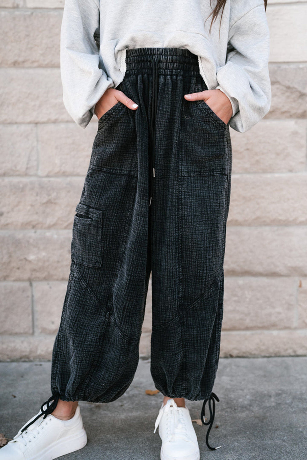 Black Mineral Washed Textured Cargo Pockets Drawstring Hem Pants - Bellisima Clothing Collective