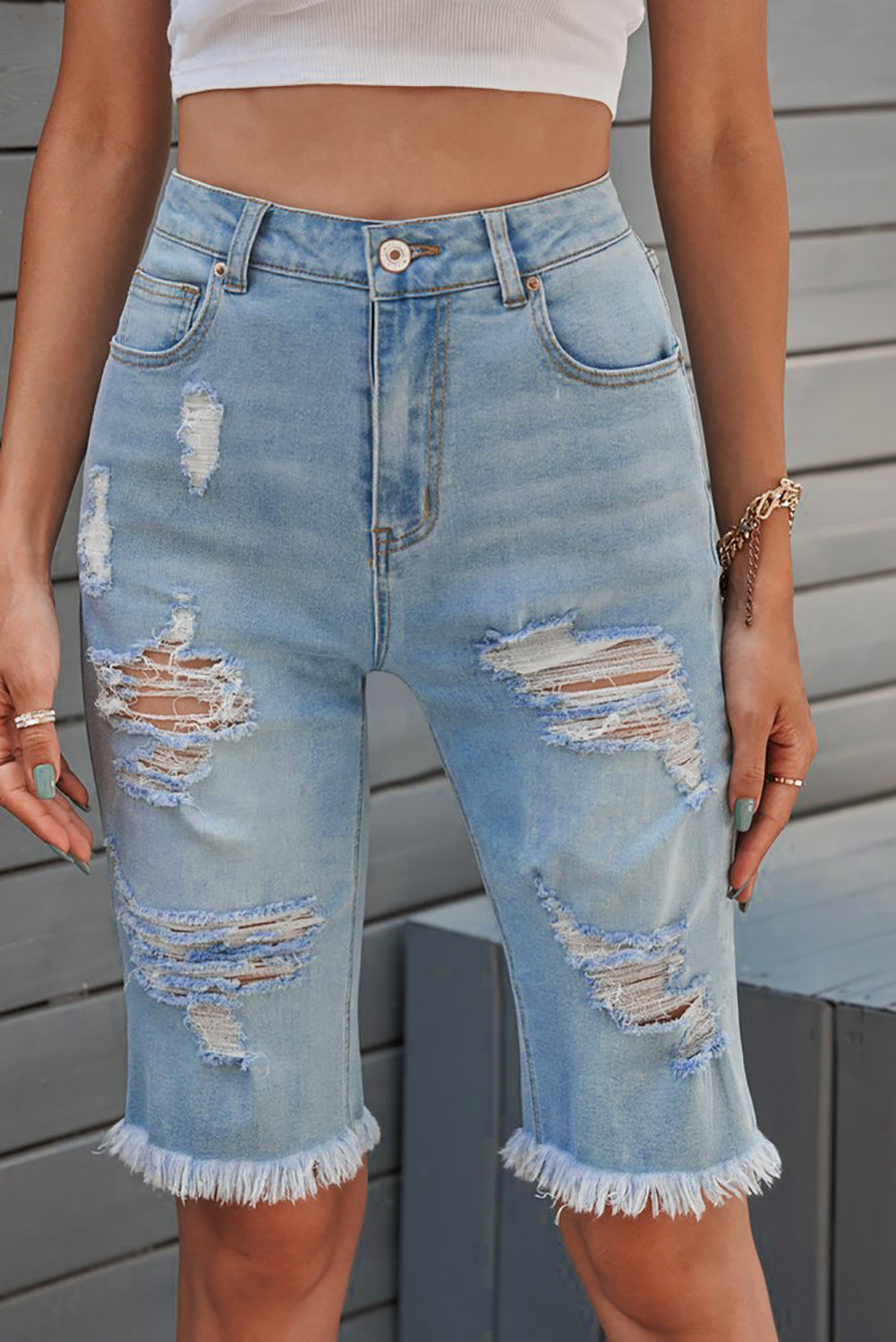 Light Blue Distressed Ripped Denim Bermuda Shorts - Bellisima Clothing Collective