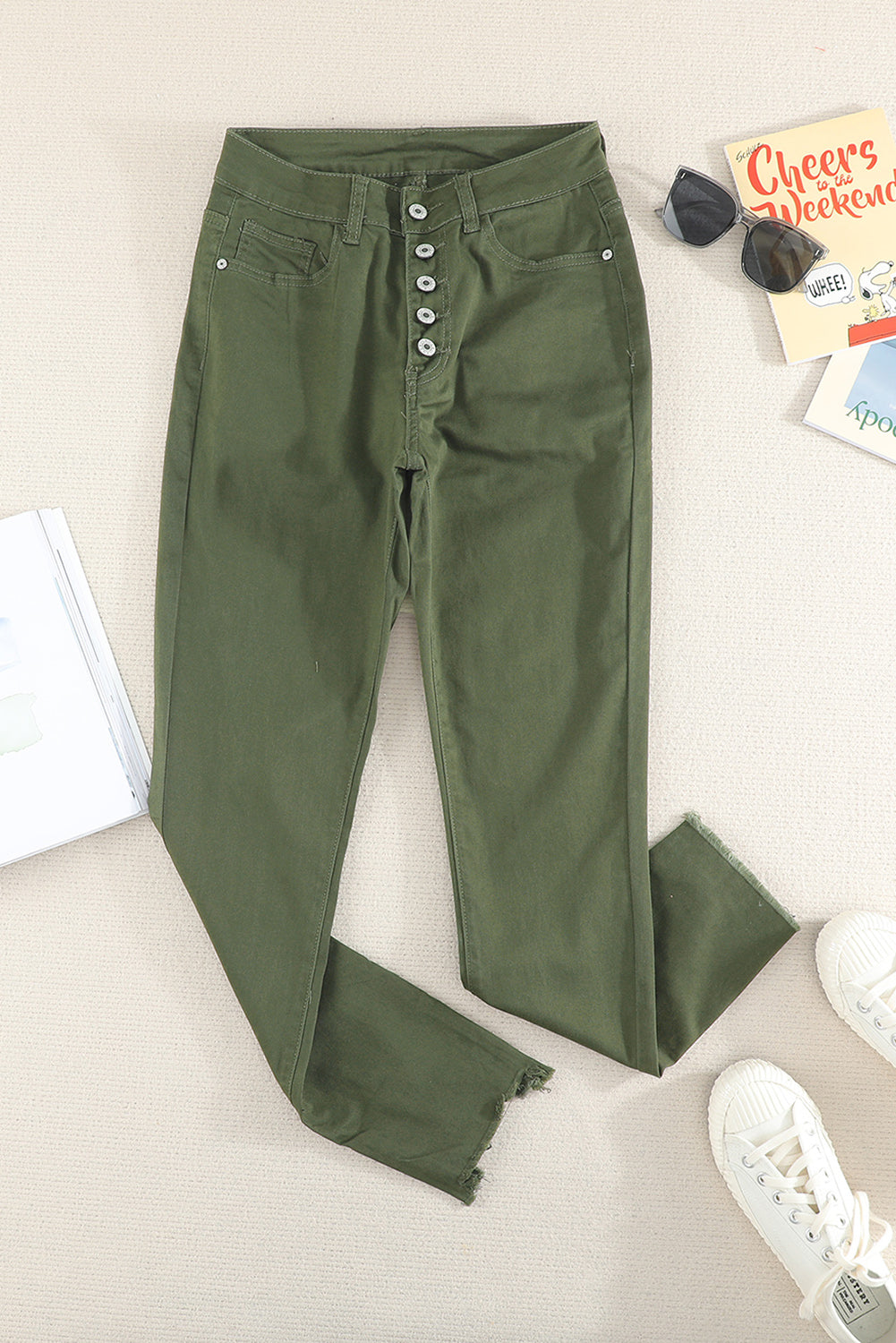 Green Frayed Raw Hem High Waist Denim Jeans - Bellisima Clothing Collective