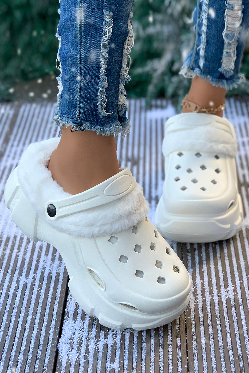White Plush Lining Winter Hollowed Thick Sole Clogs - Bellisima Clothing Collective