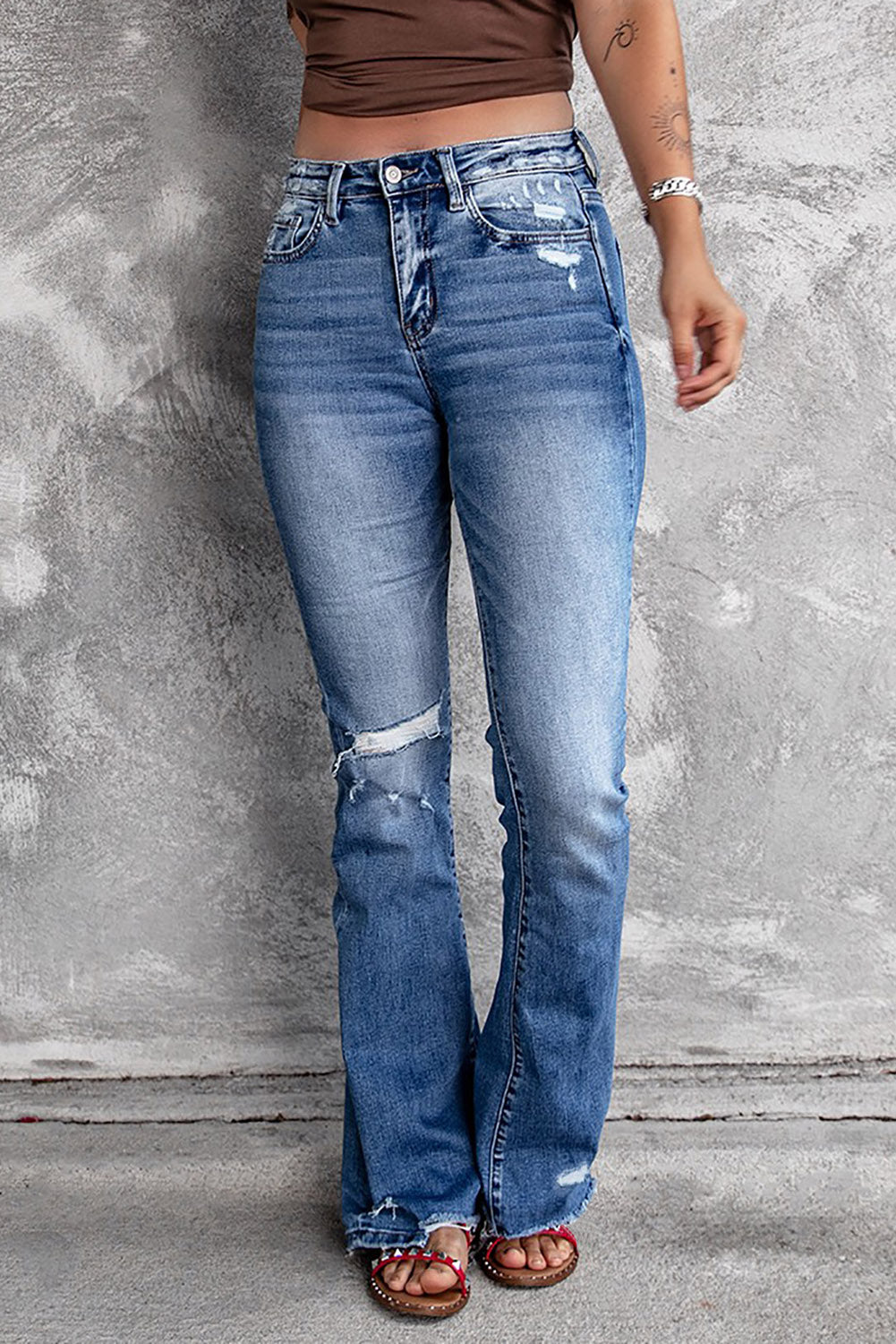 Dark Blue Ripped Raw Hem High Waist Flare Jeans - Bellisima Clothing Collective