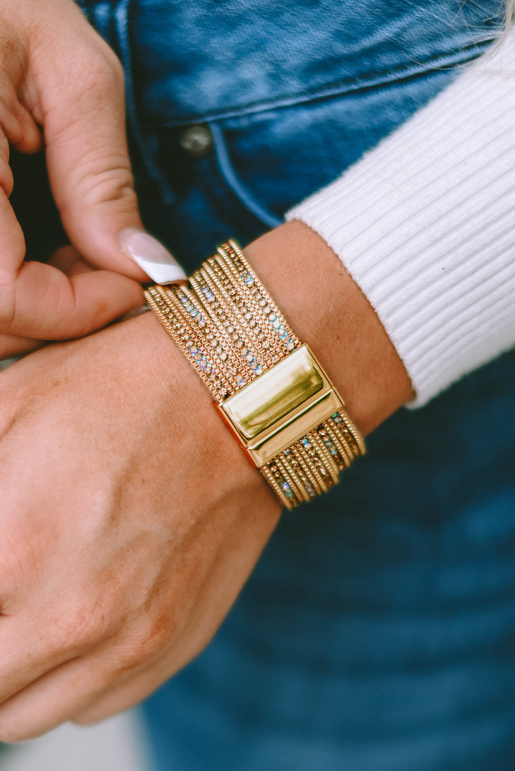 Gold Full Diamond Leather Wide Magnetic Buckle Bracelet - Bellisima Clothing Collective