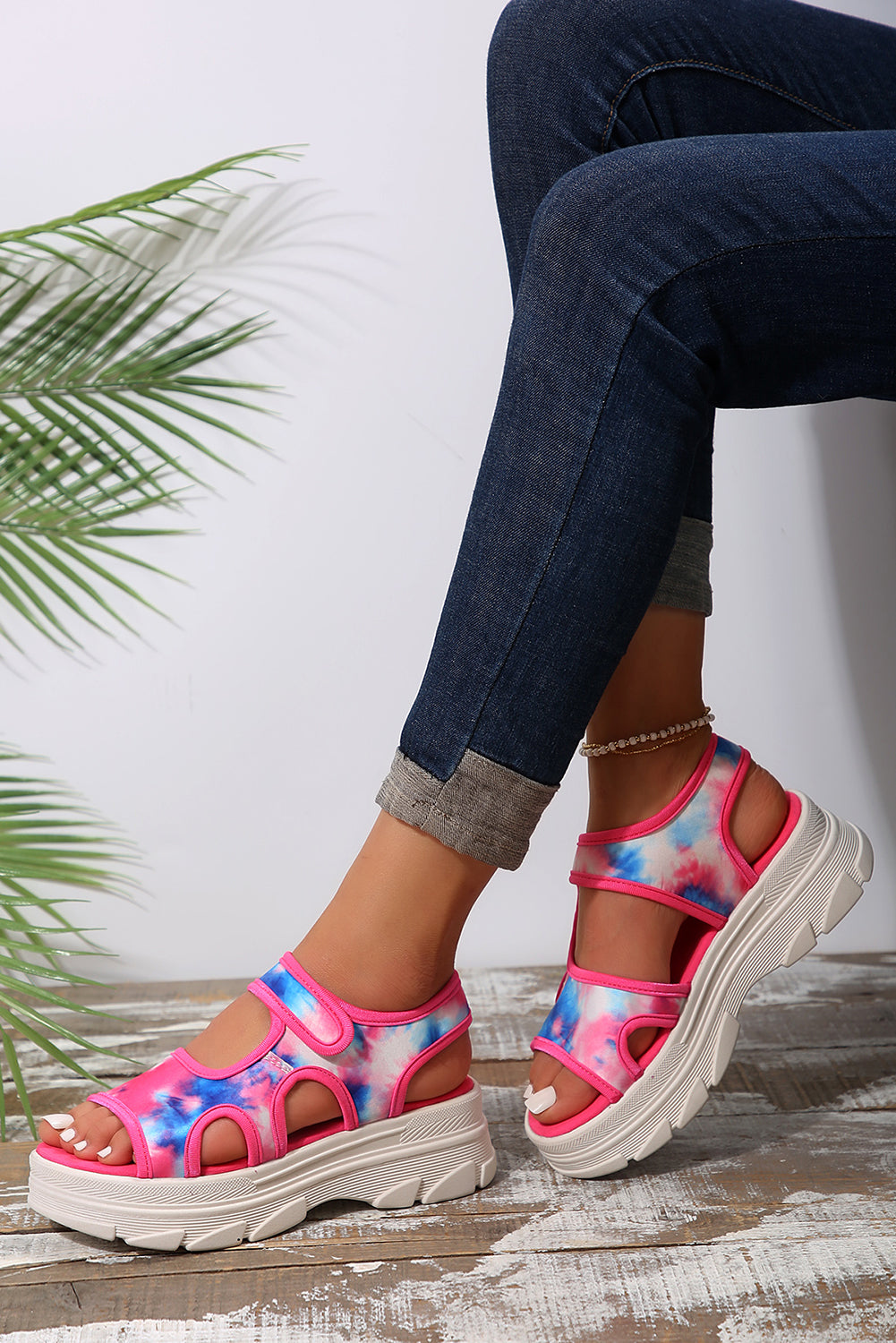 Strawberry Pink Tie Dye Print Hollow Out Platform Sandals - Bellisima Clothing Collective