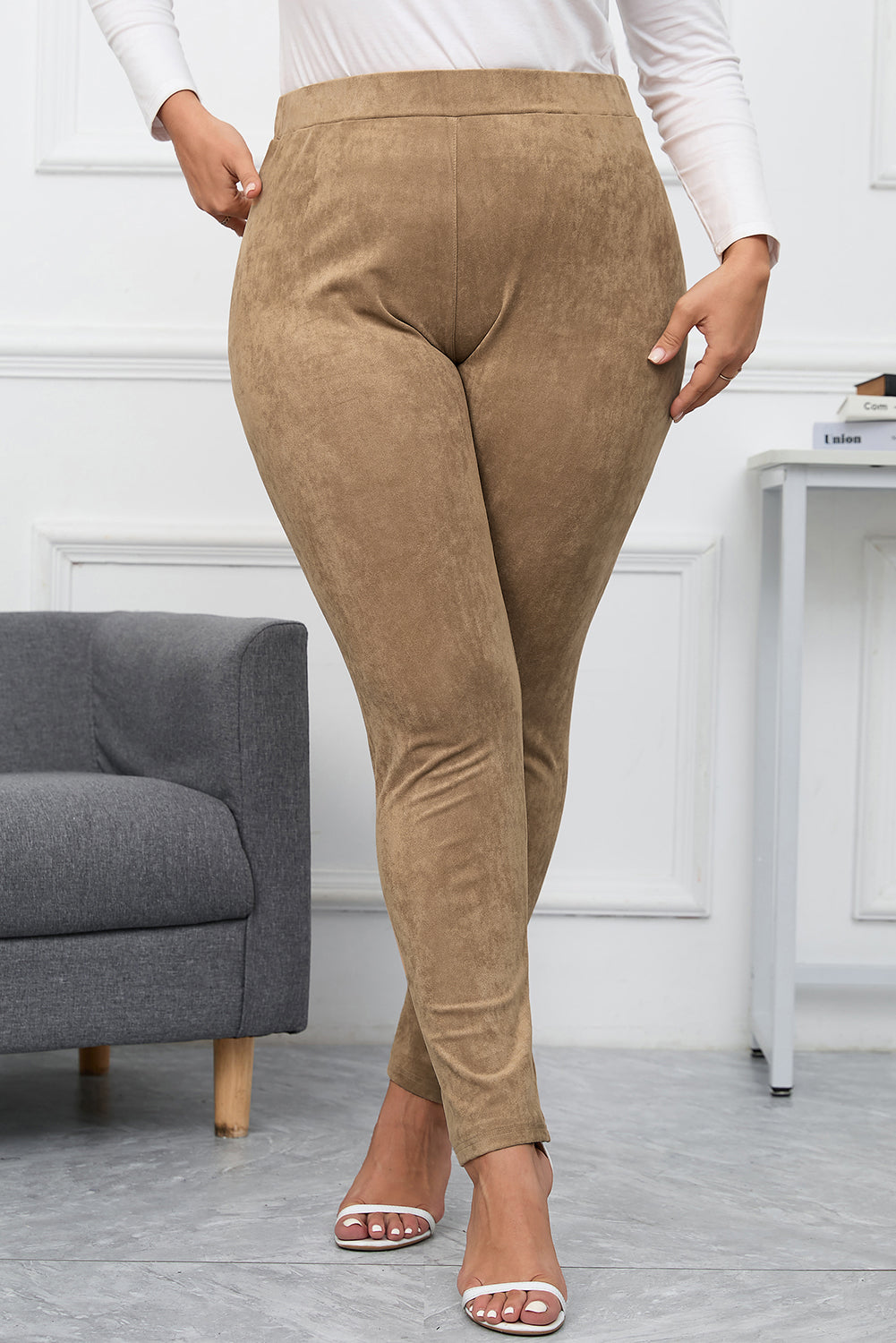 Camel Plus Size High Rise Faux Suede Skinny Pants - Bellisima Clothing Collective