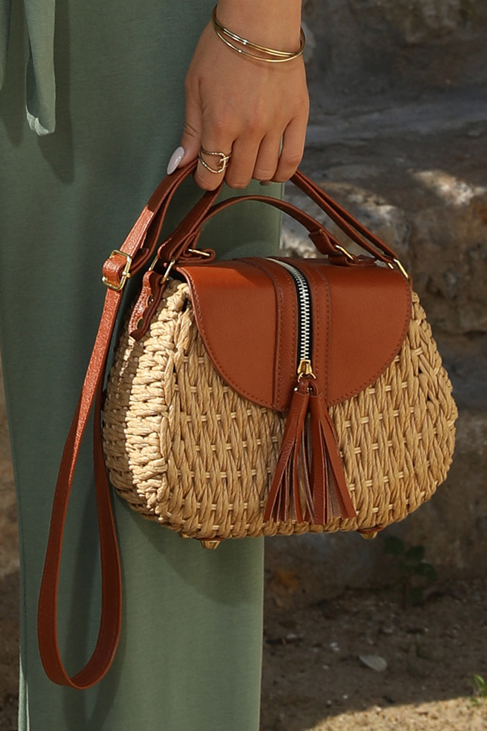 Light French Beige Bamboo Weaving Leather Flap Tassel Shoulder Bag - Bellisima Clothing Collective