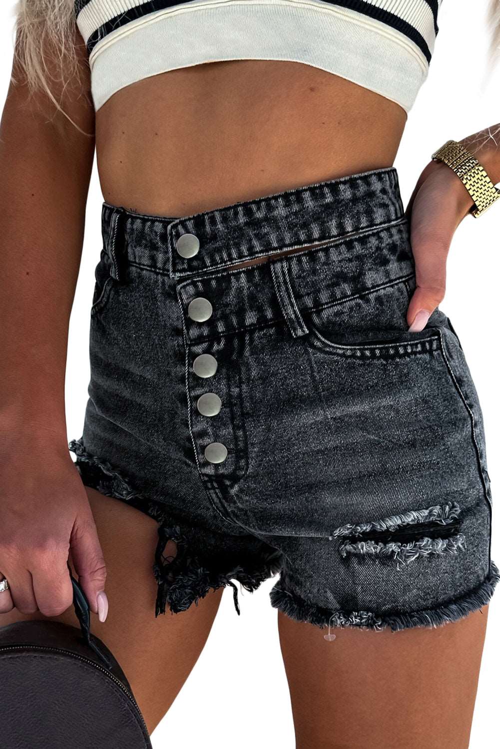 Black High Waist Multi Buttons Raw Edge Denim Shorts - Bellisima Clothing Collective