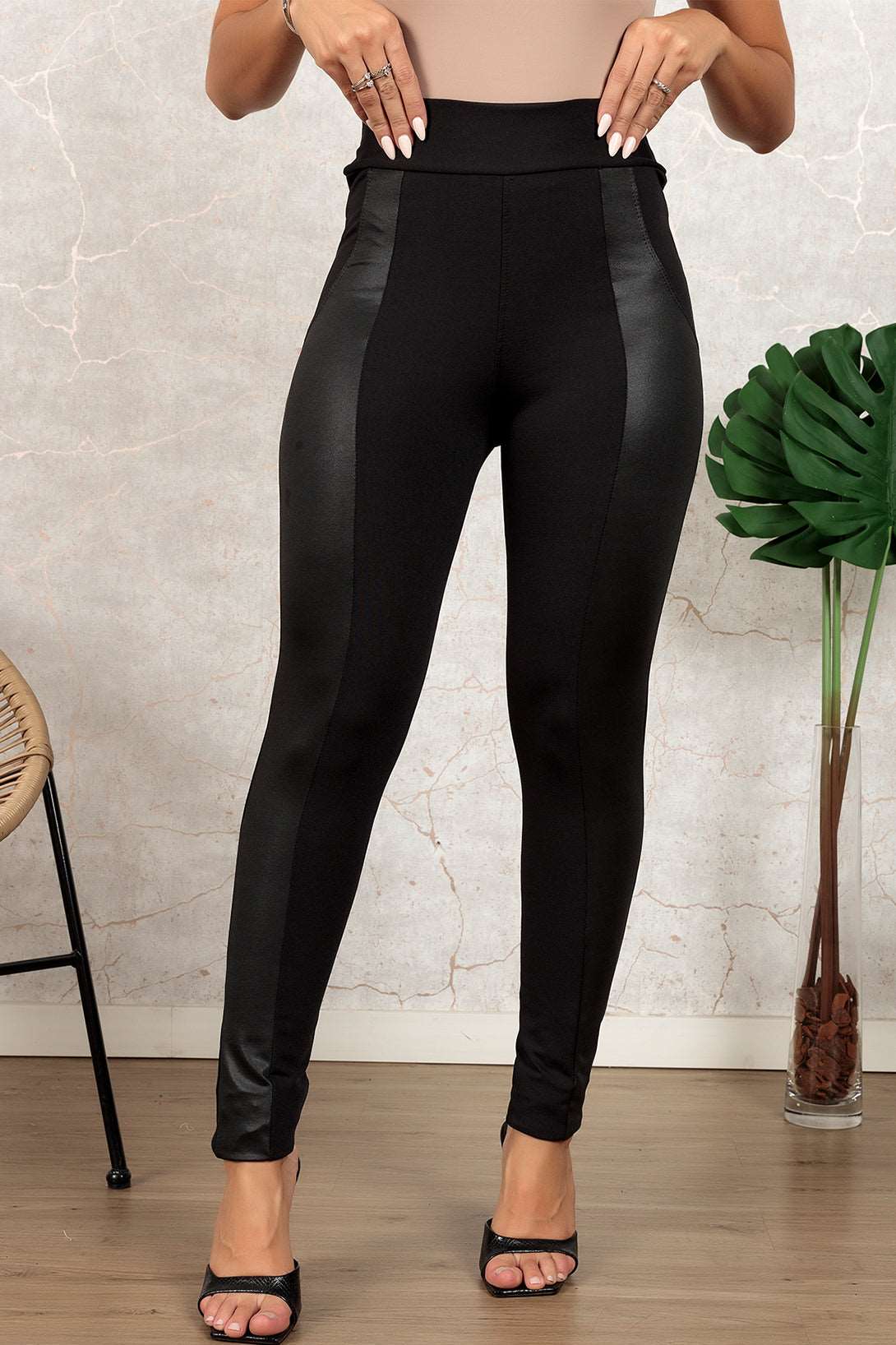 Black Leather Panel Patchwork High Waist Leggings - Bellisima Clothing Collective