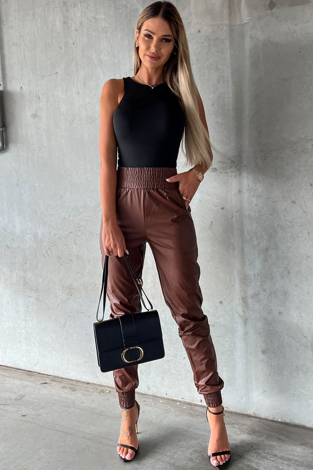 Black Smocked High Waist Leather Skinny Pants - Bellisima Clothing Collective