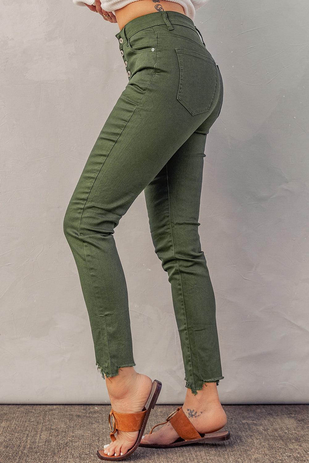 Green Frayed Raw Hem High Waist Denim Jeans - Bellisima Clothing Collective