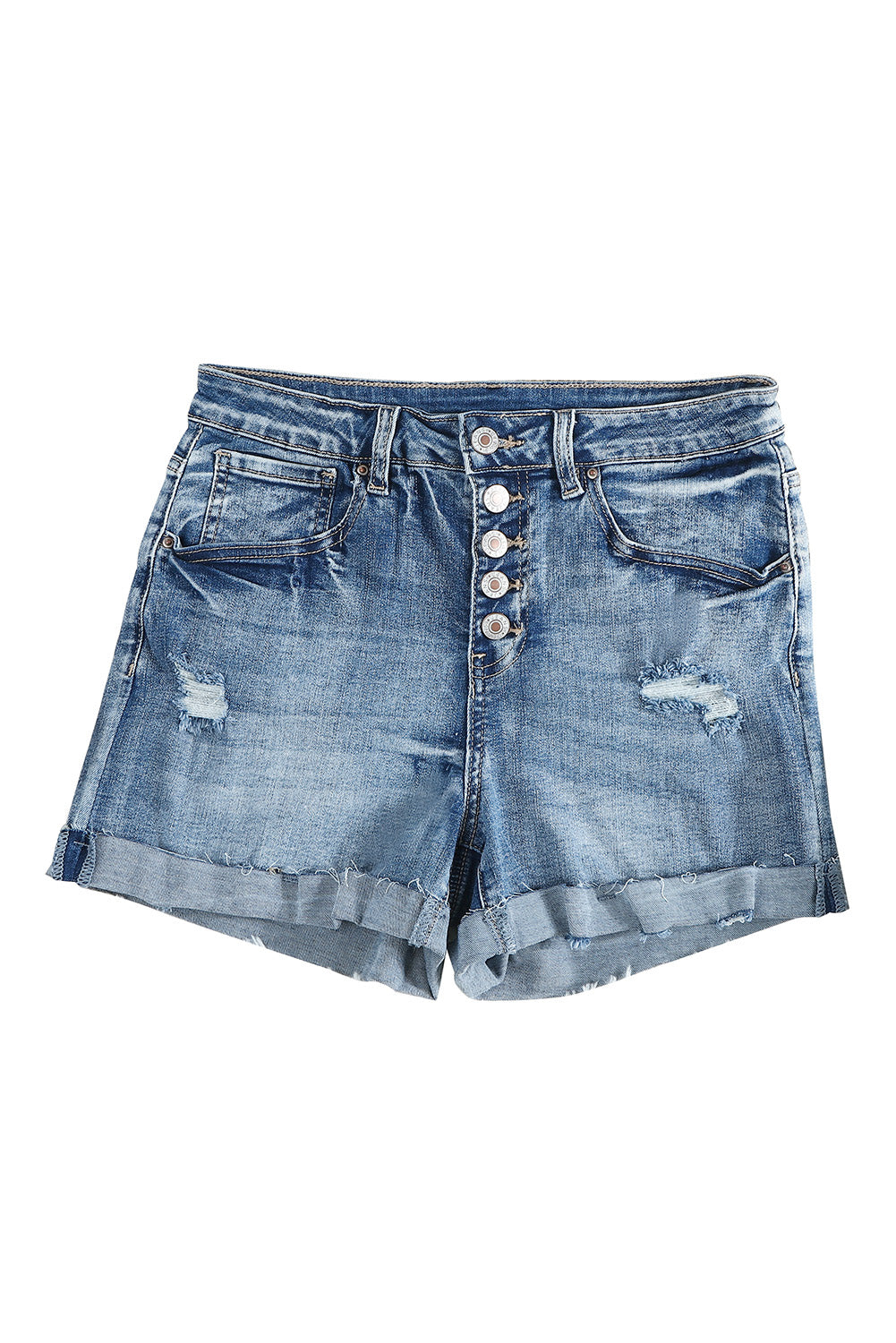 Light Blue Button Fly Distressed High Rise Denim Shorts - Bellisima Clothing Collective