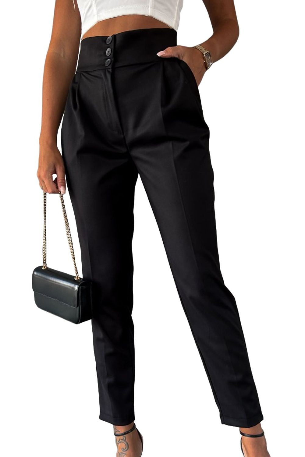 Black Button High Waist Tapered Pants - Bellisima Clothing Collective