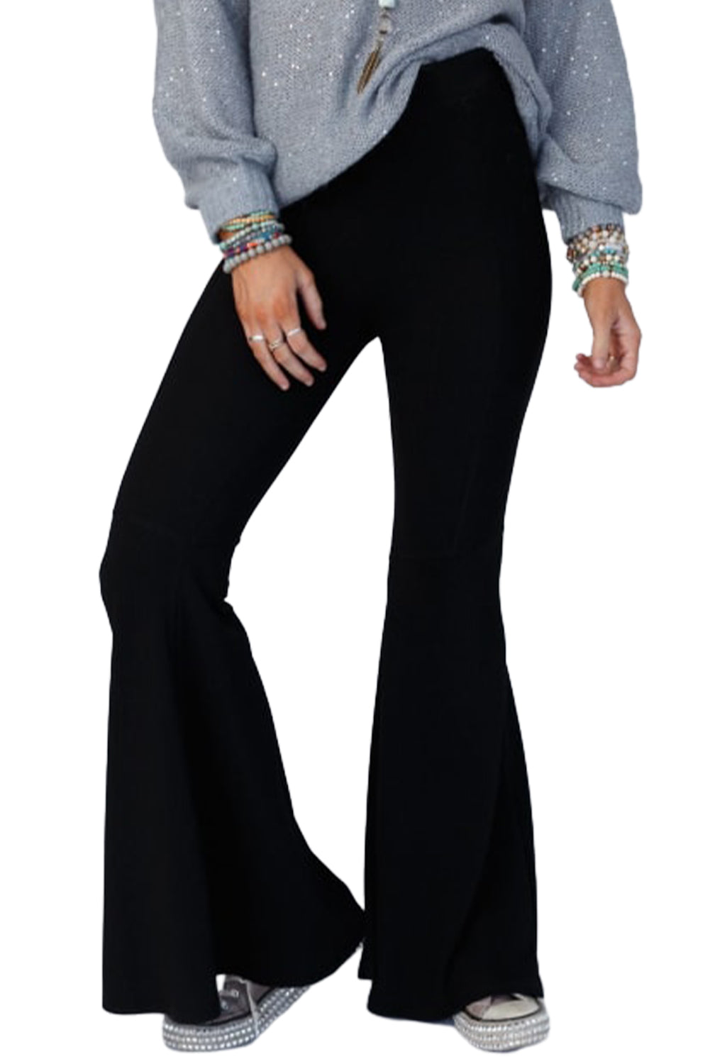 Black High Waist Ribbed Flare Leg Pants - Bellisima Clothing Collective