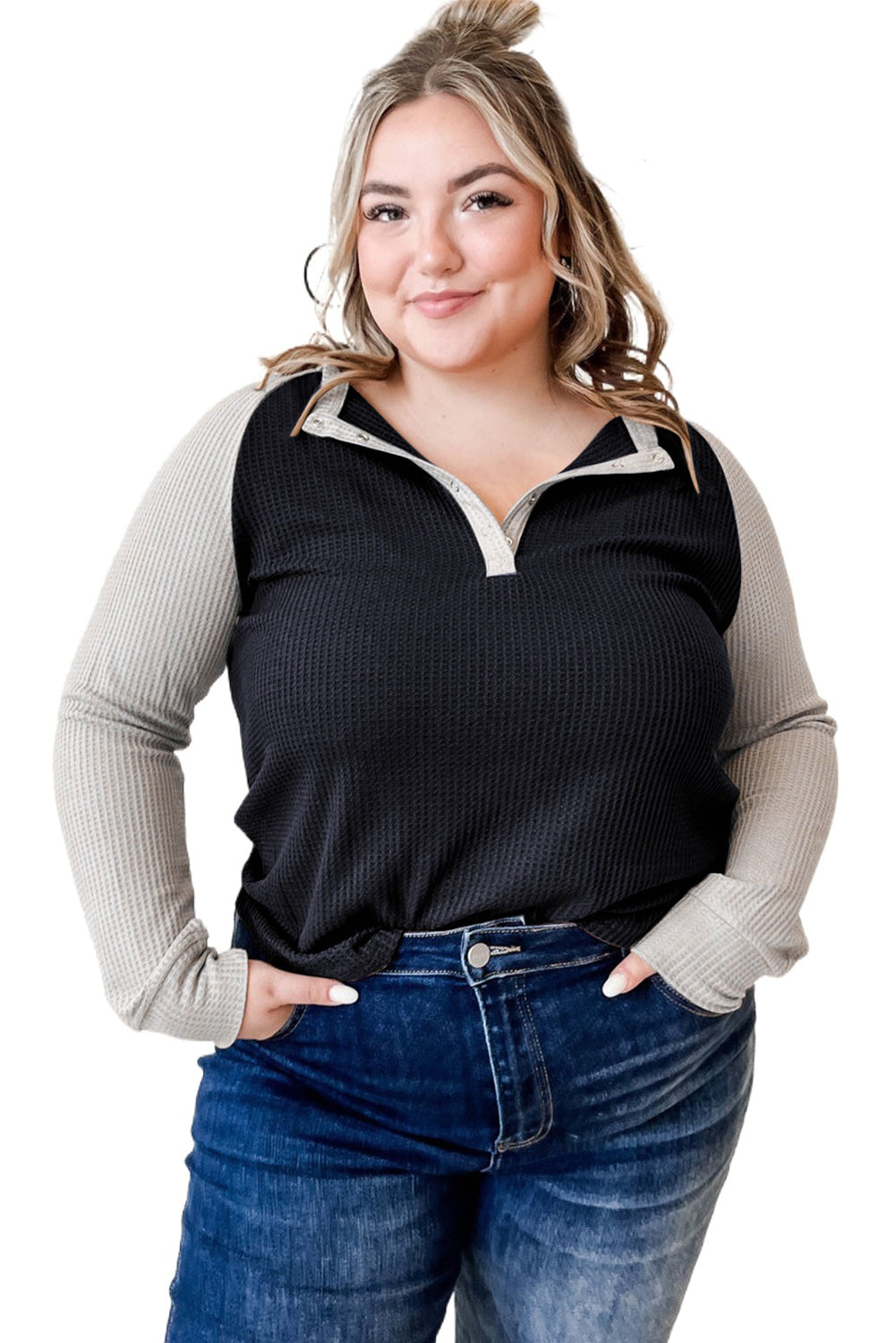 Black Plus Size Contrast Waffle Knit Henley Long Sleeve Top - Bellisima Clothing Collective