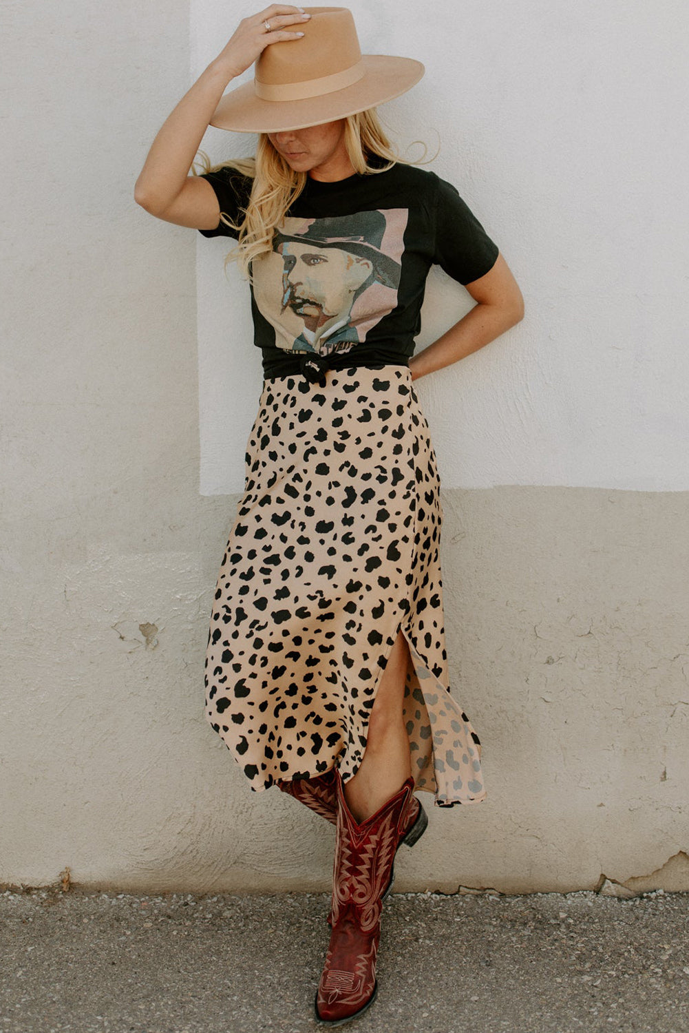 Beige Leopard Spots Print Side Split Midi Skirt