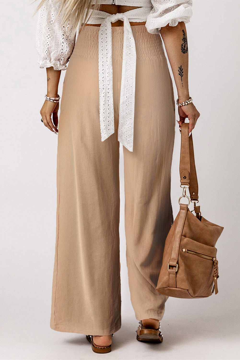 Khaki Smocked Wide Waistband High Waist Wide Leg Pants - Bellisima Clothing Collective