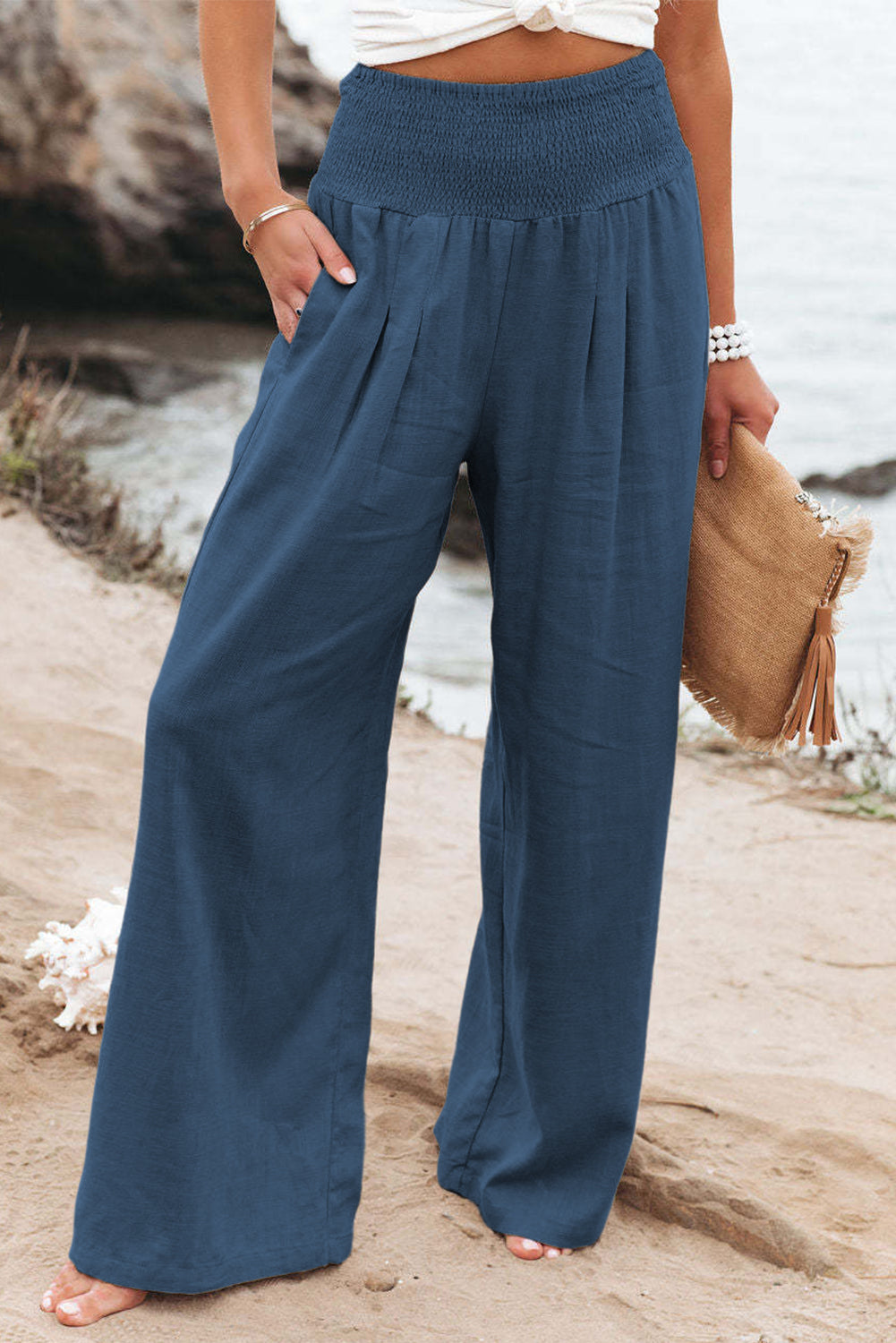 Khaki Smocked Wide Waistband High Waist Wide Leg Pants - Bellisima Clothing Collective