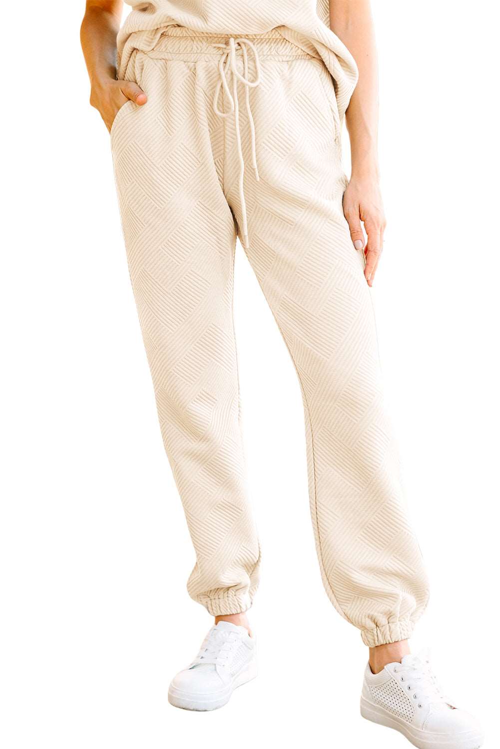 Beige Textured Drawstring Waist Straight Leg Joggers - Bellisima Clothing Collective