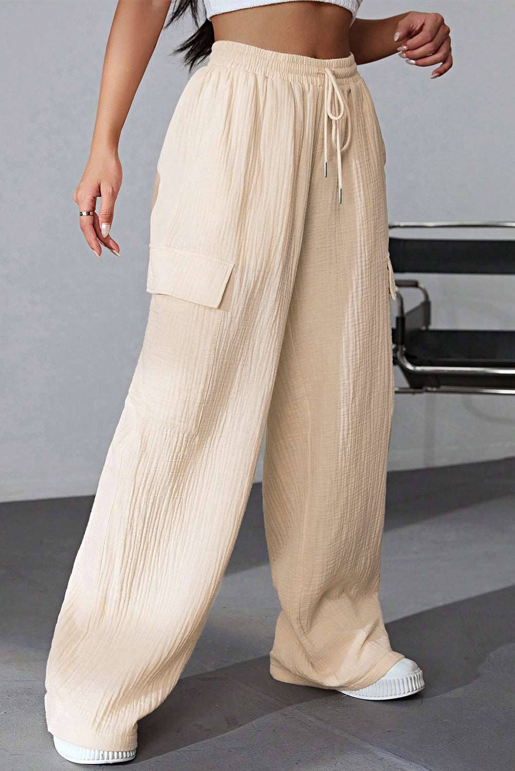 Apricot Loose Drawstring High Waist Crinkled Cargo Pants - Bellisima Clothing Collective