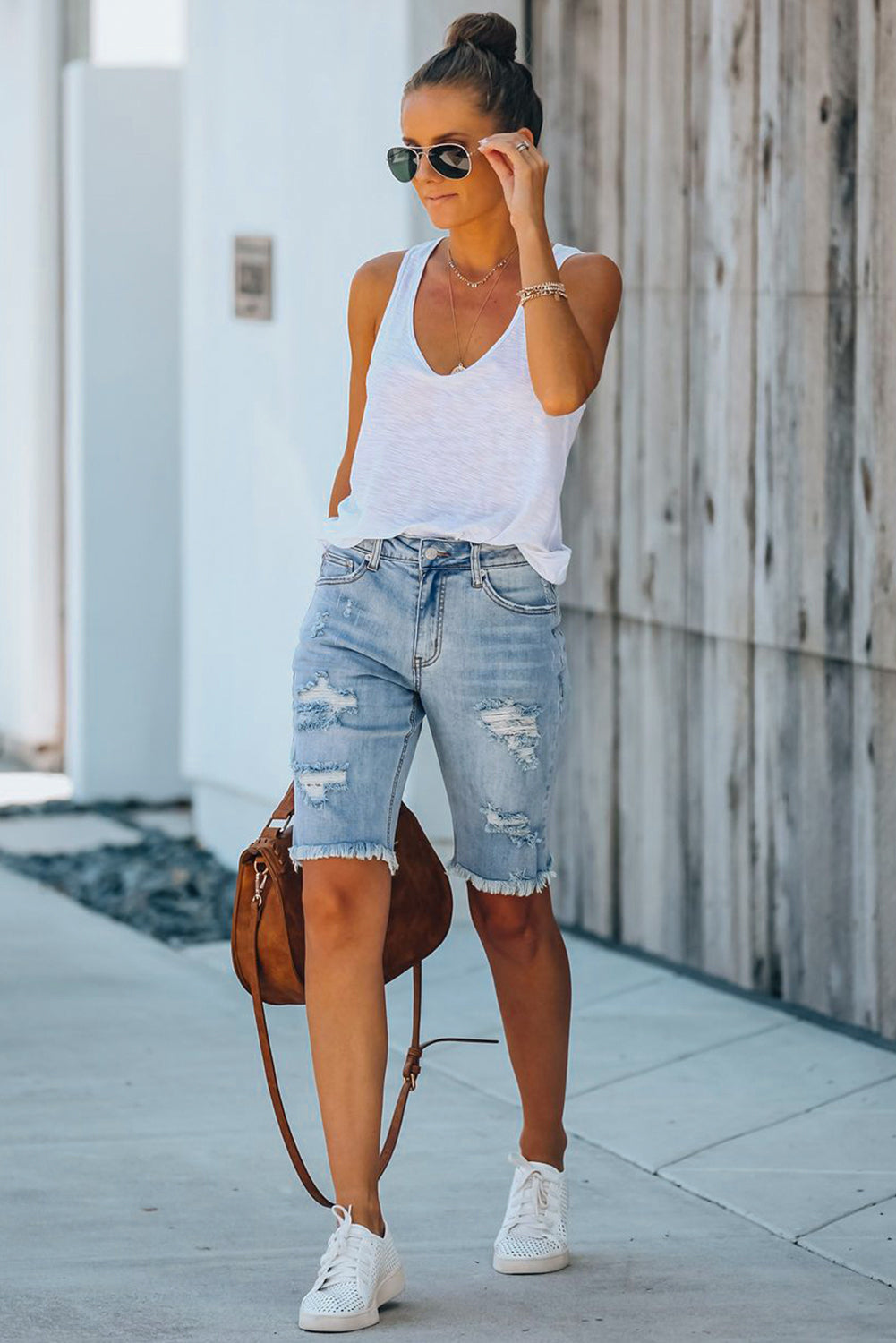 Light Blue Distressed Ripped Denim Bermuda Shorts - Bellisima Clothing Collective