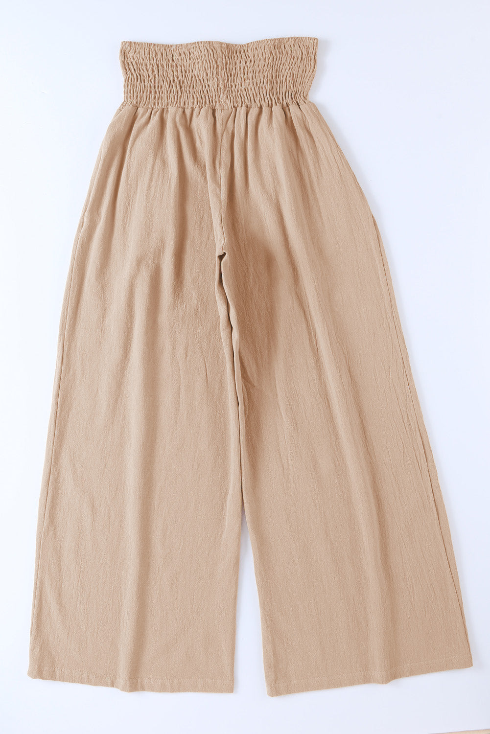 Khaki Smocked Wide Waistband High Waist Wide Leg Pants - Bellisima Clothing Collective