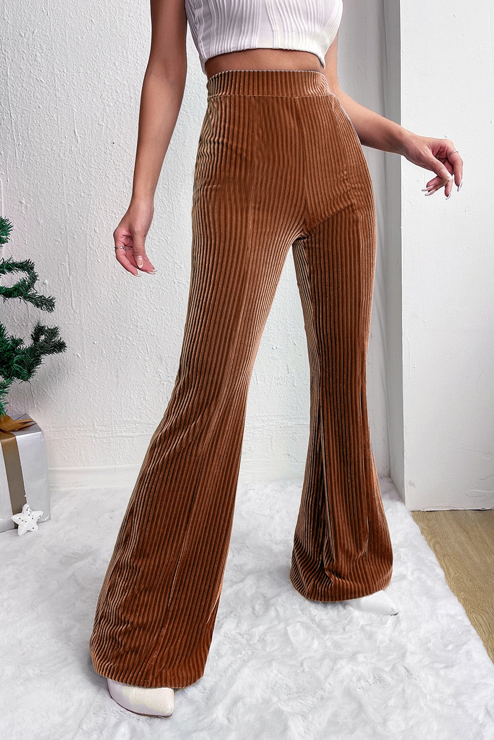 Chestnut Solid Color High Waist Corduroy Flare Pants - Bellisima Clothing Collective