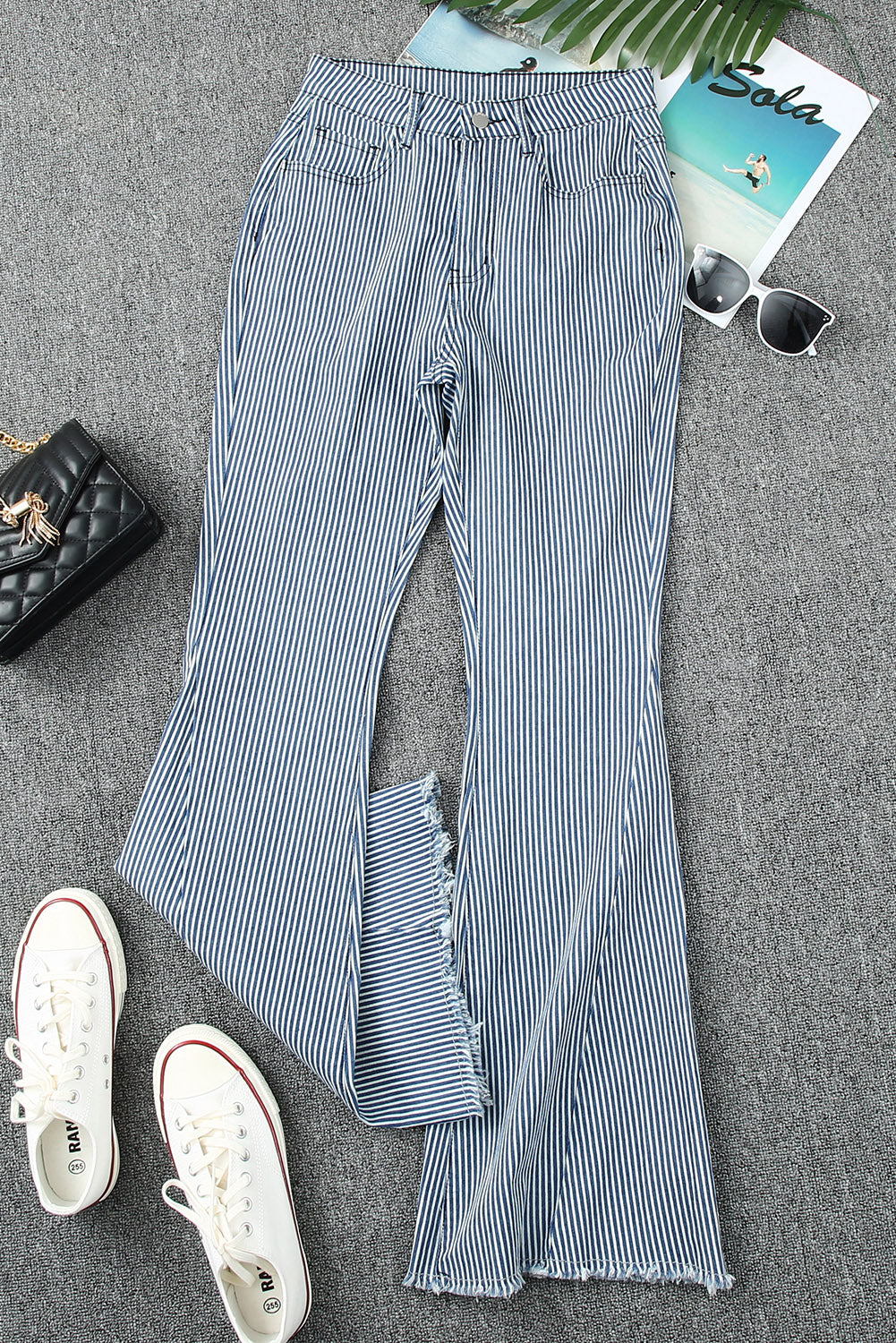 Light Blue Striped Mid Rise Bell Bottoms - Bellisima Clothing Collective