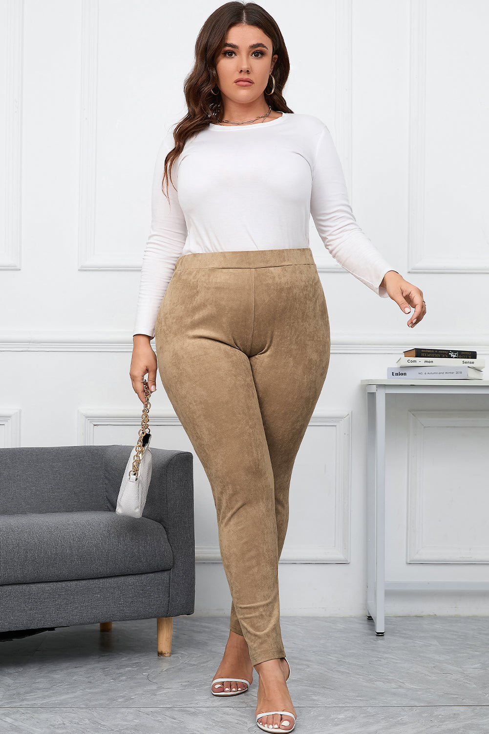 Camel Plus Size High Rise Faux Suede Skinny Pants - Bellisima Clothing Collective