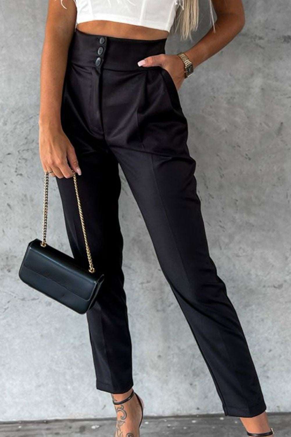 Black Button High Waist Tapered Pants - Bellisima Clothing Collective