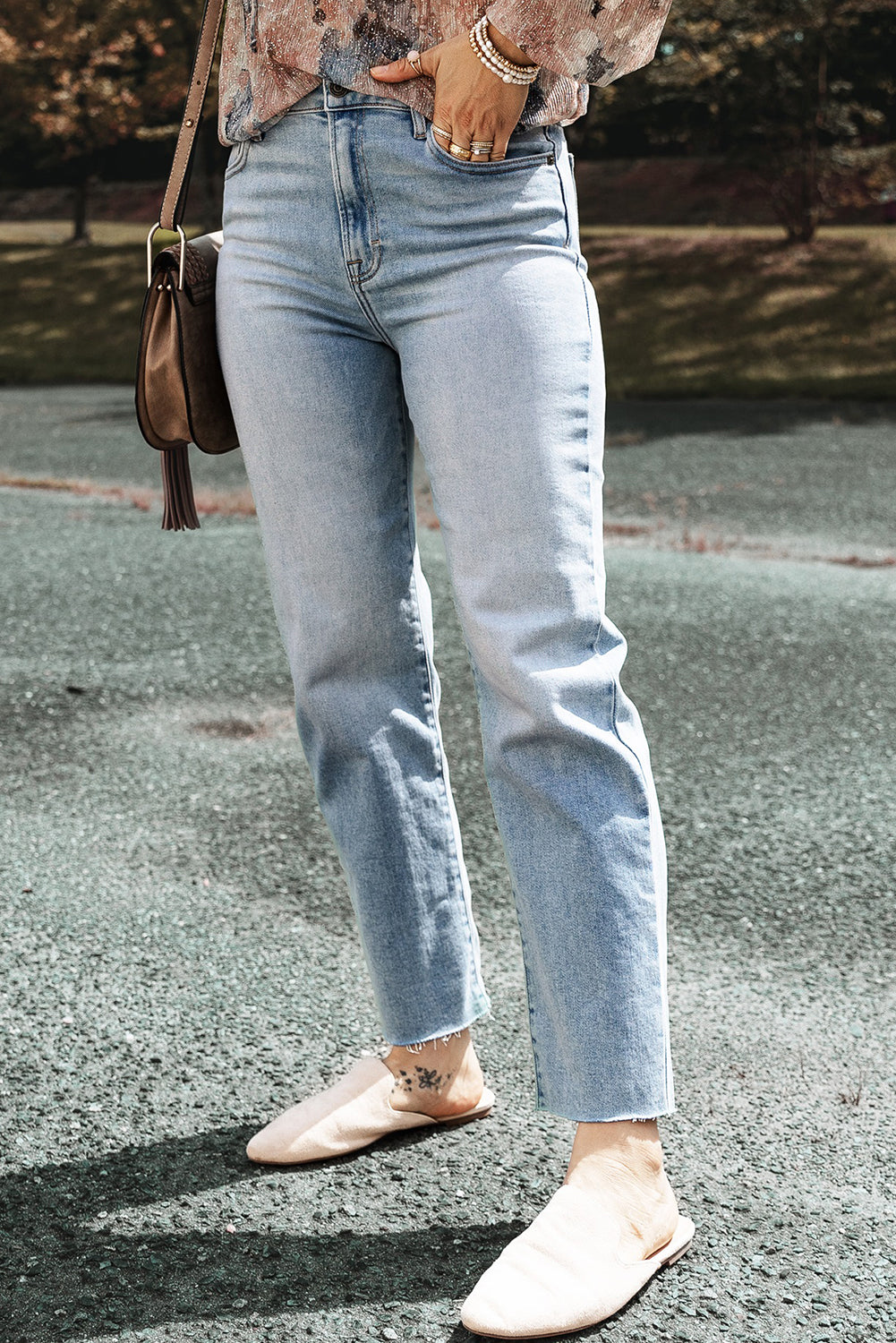 Light Blue Raw Hem Straight Jeans - Bellisima Clothing Collective