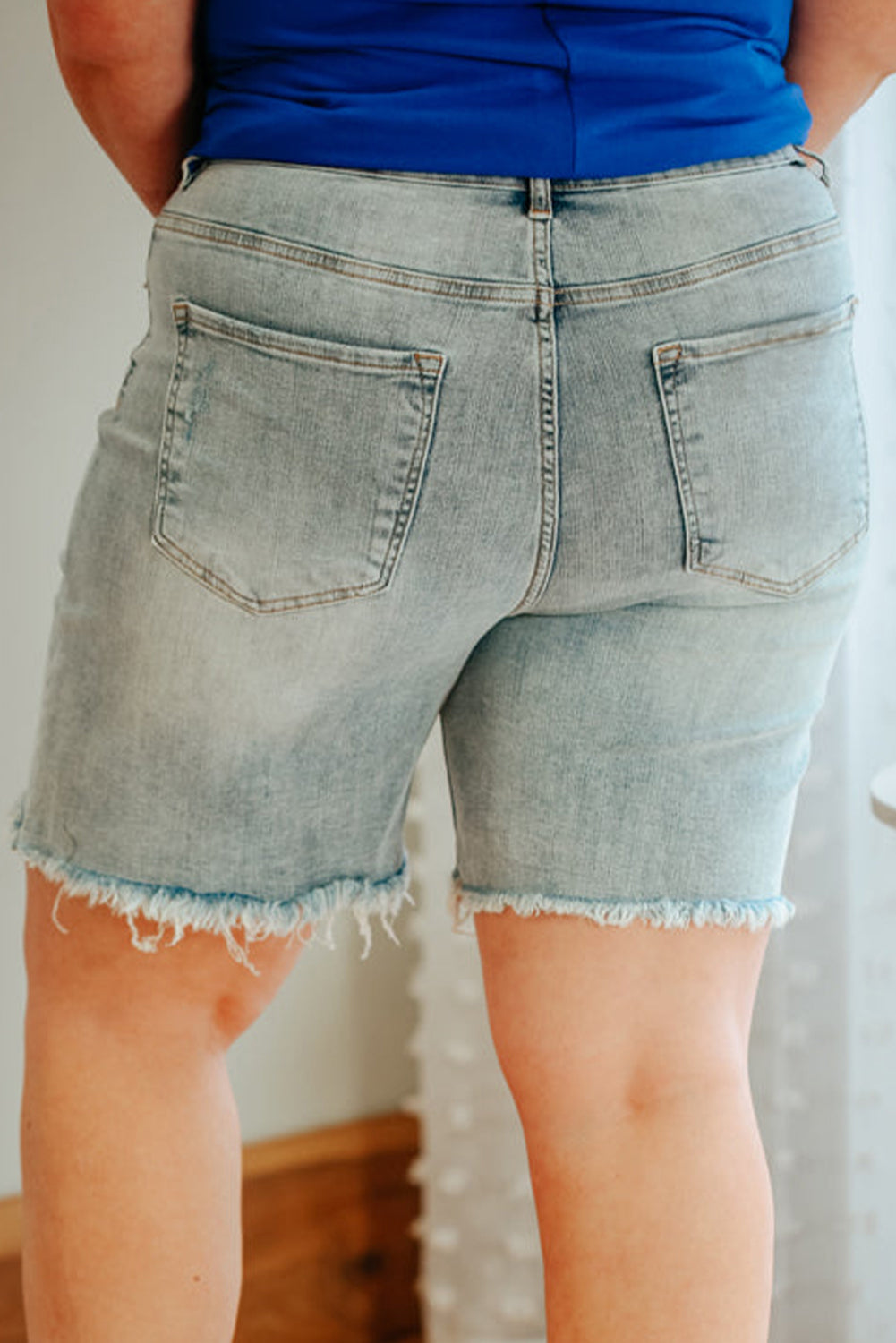 Light Blue Plus Size Distressed Rolled Hem Denim Shorts - Bellisima Clothing Collective