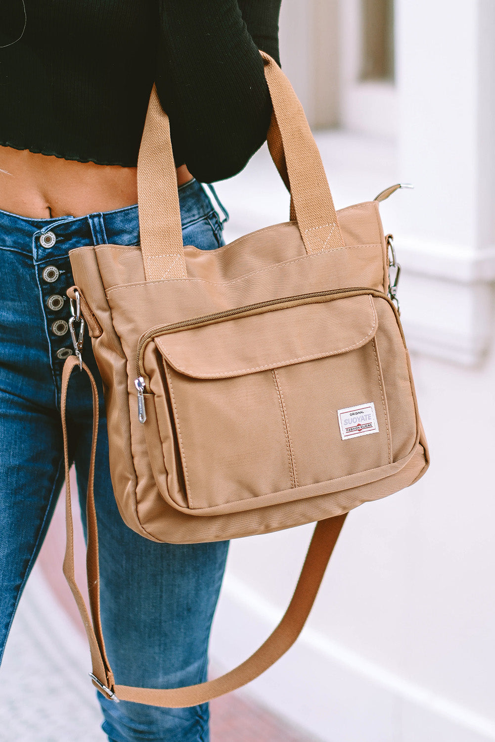 Light Beige Multi Pockets Zipped Large Canvas Shoulder Bag - Bellisima Clothing Collective