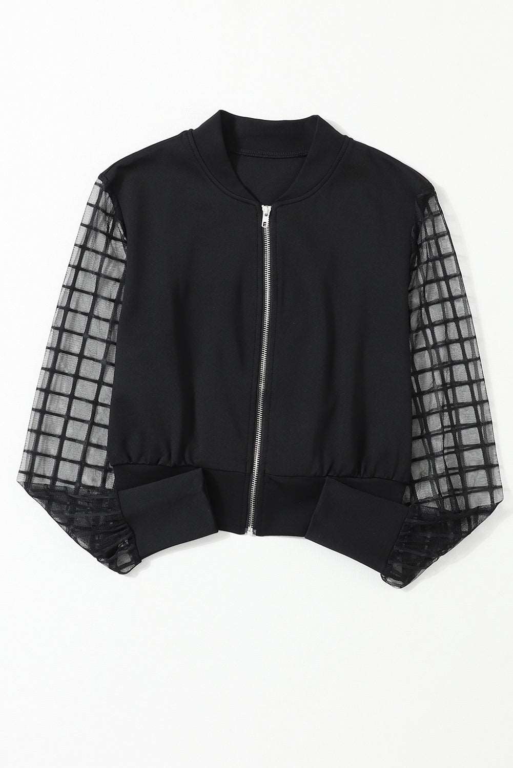 Black Lattice Mesh Sleeve Zipper Bomber Jacket - Bellisima Clothing Collective