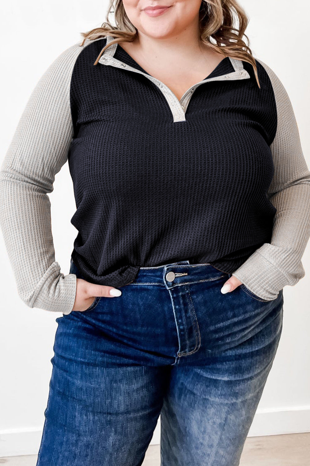 Black Plus Size Contrast Waffle Knit Henley Long Sleeve Top - Bellisima Clothing Collective