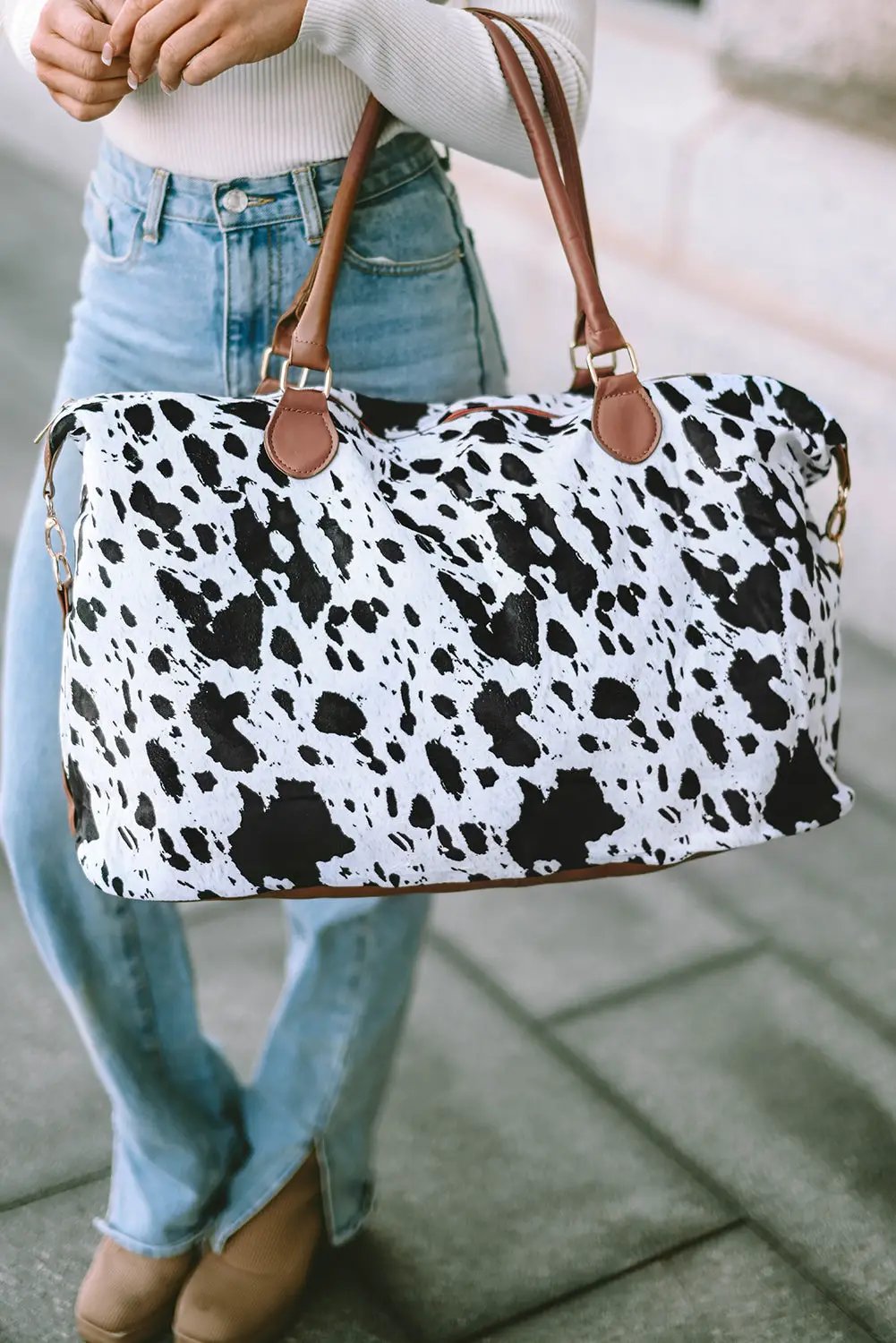 White Animal Spots Printed Leather Tote Bag - Bellisima Clothing Collective