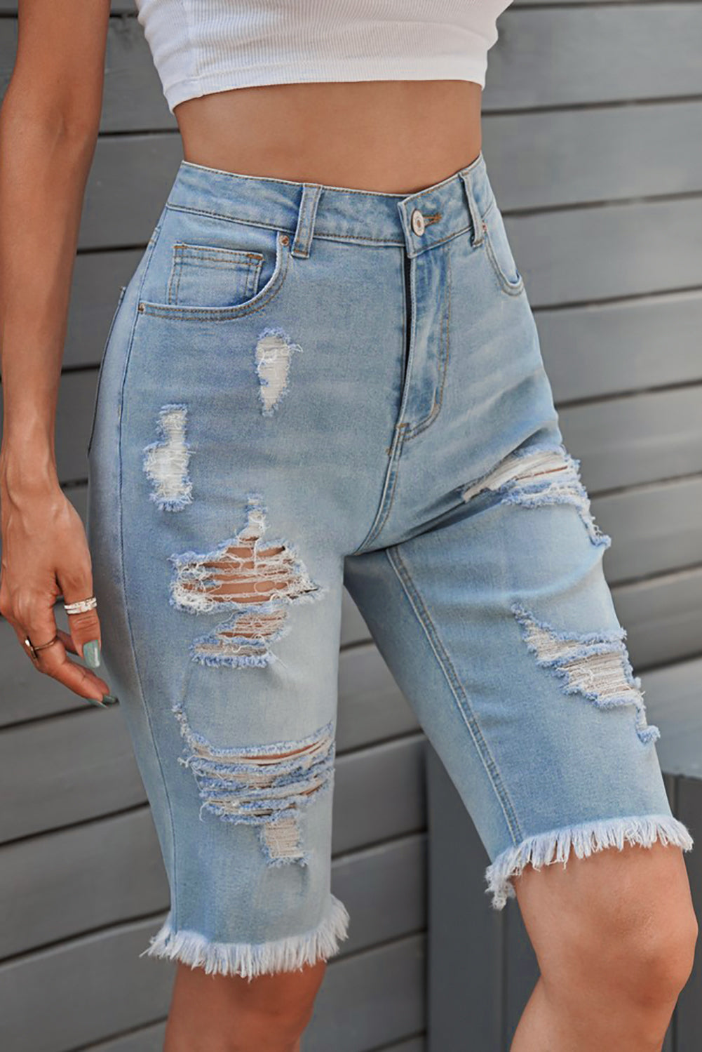 Light Blue Distressed Ripped Denim Bermuda Shorts - Bellisima Clothing Collective