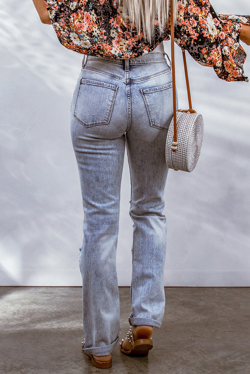 Sky Blue Acid Wash Sheath Straight Leg Distressed Jeans - Bellisima Clothing Collective