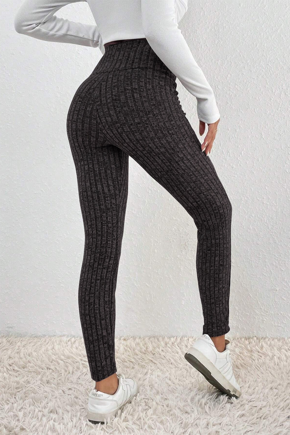 Black Wide Waistband Ribbed Textured Knit Leggings - Bellisima Clothing Collective