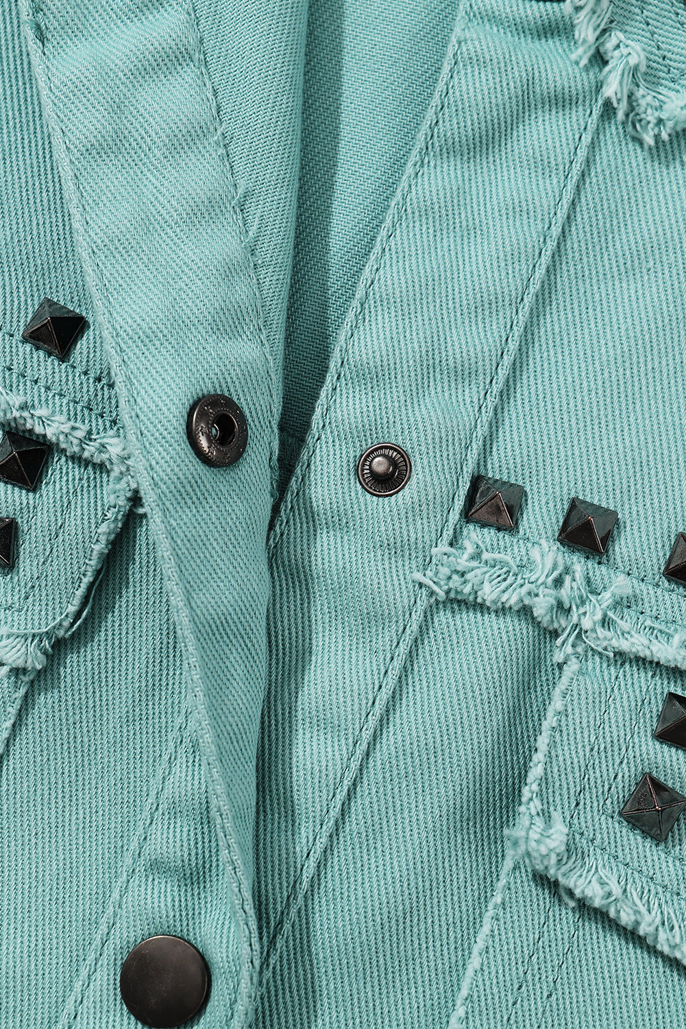 Green Frayed Trim Vintage Rivet Denim Jacket - Bellisima Clothing Collective