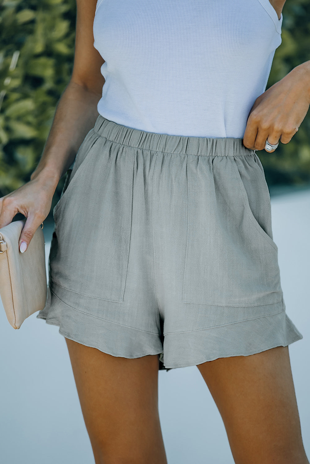 Khaki Casual Pocketed Ruffle High Waist Shorts - Bellisima Clothing Collective